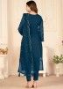 Blue Embroidered Pant Suit Set With Net Dupatta