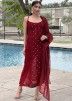 Readymade Red Chikankari Embroidered Pant Suit