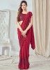 Red Lycra Embroidered Readymade Party Wear Ruffle Saree Online USA