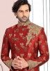 Red Asymmetric Woven Groom Sherwani With Pant