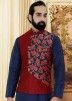 Maroon and Navy Blue Overlapped Woven Nehru Jacket