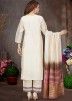 Cream Art Silk Readymade Pant Suit In Embroidery