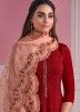 Red Chikankari Embroidered Pant Suit Set