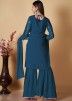 Teal Blue Readymade Embroidered Georgette Gharara Suit Set
