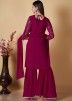 Magenta Readymade Georgette Gharara Suit In Thread Embroidery 
