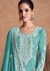 Blue Embroidered Flared Style Palazzo Suit Set