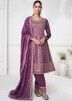 Purple Embroidered Flared Pant Suit Set