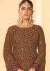Brown Embroidered Pant Suit Set