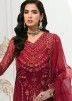 Maroon Embroidered Palazzo Suit Set In Organza