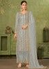 Grey Georgette Pant Suit In Thread Embroidery