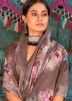Brown Linen Saree In Digital Floral Print