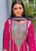 Magenta Readymade Embroidered Pant Suit In Art Silk