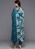 Teal Blue Floral Print Readymade Pant Suit