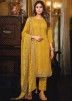 Yellow Embroidered Pant Suit In Organza