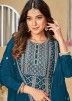 Teal Blue Embroidered Chiffon Sharara Style Suit