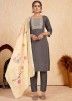 Grey Readymade Embroidered Viscose Pant Suit