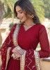 Red Readymade Embroidered Anarkali Suit In Georgette