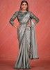 Grey Embroidered Readymade Saree In Satin Silk