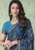 Blue Chiffon Saree In Floral Print Work