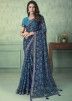 Blue Chiffon Saree In Floral Print Work