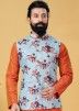 Orange Kurta Churidar Set With Floral Printed Nehru Jacket