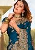 Teal Blue Satin Saree In Zari Embroidery