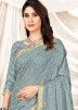 Grey Foil Printed Saree In Satin Silk