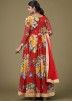Red Floral Printed Anarkali Suit Set In Georgette