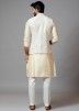 Cream Readymade Nehru Jacket With Kurta Pyjama