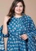Blue Block Printed Anarkali Style Suit In Cotton