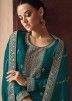 Teal Green Embroidered Silk Pant Style Suit