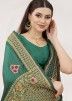 Green Embroidered Saree In Satin