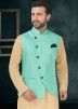 Turquoise Readymade Nehru Jacket In Silk