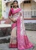 Cream & Pink Floral Printed Tussar Silk Saree