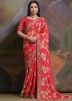 Red Chiffon Saree In Floral Print