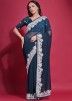 Teal Blue Georgette Saree With Embroidered Border
