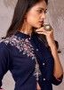 Navy Blue Embroidered Readymade Flared Dress