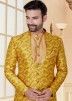 Yellow Printed Jacket Style Readymade Sherwani In Silk