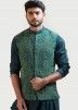 Green Readymade Embroidered Silk Nehru Jacket for Men Panash India | USA