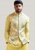 Readymade Yellow Mirror Work Embroidered Wedding Nehru Jacket
