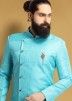 Jacquard Turquoise Asymmetric Sherwani Pant Set