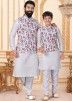 White Readymade Father & Son Kurta Pajama In Silk