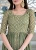 Green Readymade Embroidered Dress With Front Slit