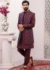 Purple Woven Readymade Silk Sherwani Set