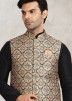 Black Kurta Pajama With Floral Printed Nehru Jacket