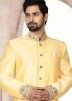 Yellow Readymade Zari Woven Sherwani Set