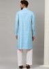 Blue Readymade Plain Kurta Pajama In Satin