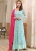 Turquoise Readymade Bandhej Designer Long Women Kurti USA With Dupatta