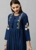 Navy Blue Embroidered Kurta With Churidar In Rayon
