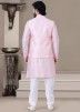 Pink Woven Kurta Pajama & Nehru Jacket